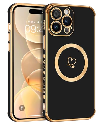 Telaso Magnetische Hülle für iPhone 14 Pro Max, Handyhülle für iPhone 14 Pro Max Niedliches Herz Muster [ Kompatibel mit MagSafe ] Weiche Plattierung Abdeckung für Frauen, Schutz der Kamera, Schwarz von Telaso