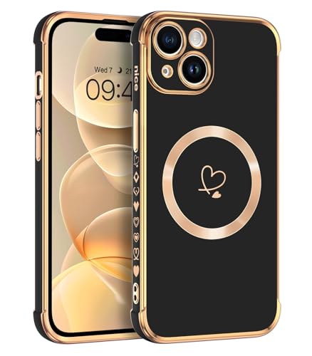 Telaso Magnetische Hülle für iPhone 15 Plus, Handyhülle für iPhone 15 Plus Niedliches Herz Muster [ Kompatibel mit MagSafe ] Weiche Plattierung Abdeckung für Frauen, Schutz der Kamera, Schwarz von Telaso
