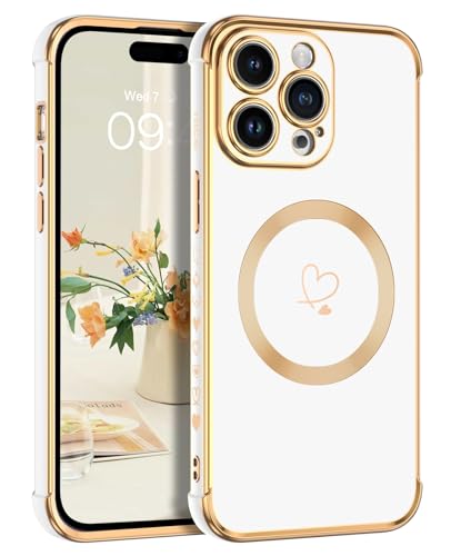 Telaso Magnetische Hülle für iPhone 15 Pro, Handyhülle für iPhone 15 Pro Niedliches Herz Muster [ Kompatibel mit MagSafe ] Weiche Plattierung Abdeckung für Frauen, Schutz der Kamera, Weiß von Telaso