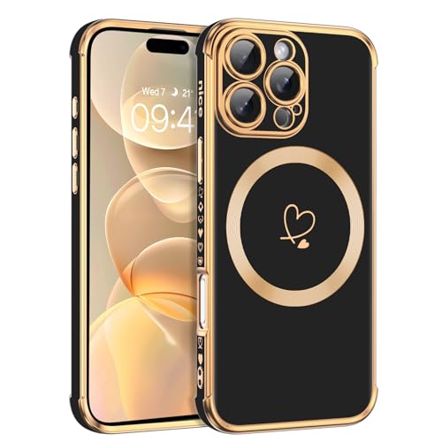 Telaso Magnetische Hülle für iPhone 16 Pro Max, Handyhülle für iPhone 16 Pro Max Niedliches Herz Muster [ Kompatibel mit MagSafe ] Weiche Plattierung Abdeckung für Frauen, Schutz der Kamera, Schwarz von Telaso