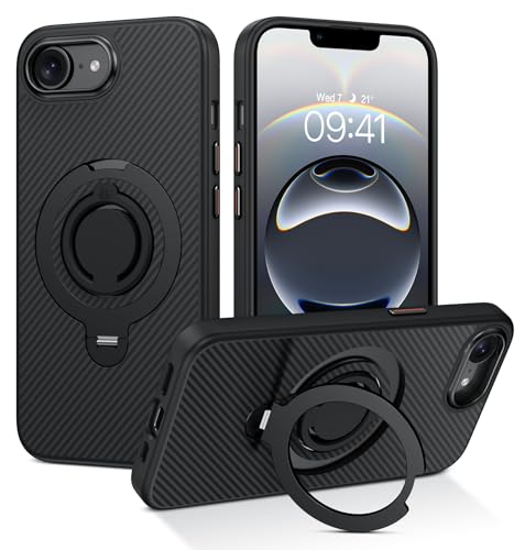 Telaso Kohlefaser für iPhone 16e Hülle, 360° Drehbarer Magnetständer Handyhülle für iPhone 16e Case, Kompatibel mit MagSafe, Stoßfest und Sturzsichere Schutzhülle für iPhone 16e, Schwarze Telaso Kohlefaser für iPhone 16e Hülle, 360° Drehbarer Magnetständer Handyhülle für iPhone 16e Case, Kompatibel mit MagSafe, Stoßfest und Sturzsichere Schutzhülle für iPhone 16e, Schwarze von Telaso