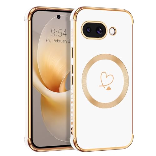 Telaso Magnetische Hülle für Google Pixel 9A, Handyhülle für Pixel 9A Niedliches Herz Muster Weiche Plattierung Abdeckung für Frauen, Schutz der Kamera, Weiß von Telaso