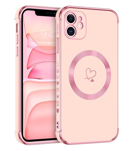 Telaso Magnetische Hülle für iPhone 11, Handyhülle für iPhone 11 Niedliches Herz Muster [ Kompatibel mit MagSafe ] Weiche Plattierung Abdeckung für Frauen, Schutz der Kamera, Rosa von Telaso