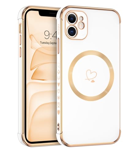 Telaso Magnetische Hülle für iPhone 11, Handyhülle für iPhone 11 Niedliches Herz Muster [ Kompatibel mit MagSafe ] Weiche Plattierung Abdeckung für Frauen, Schutz der Kamera, Weiß von Telaso