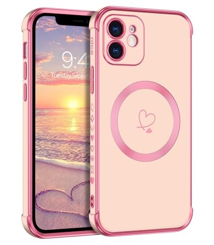 Telaso Magnetische Hülle für iPhone 12, Handyhülle für iPhone 12 Niedliches Herz Muster [ Kompatibel mit MagSafe ] Weiche Plattierung Abdeckung für Frauen, Schutz der Kamera, Rosa von Telaso