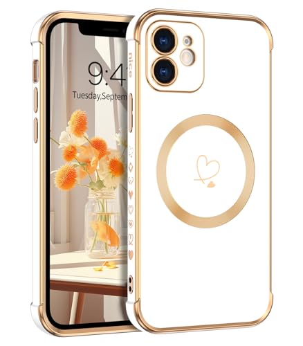 Telaso Magnetische Hülle für iPhone 12, Handyhülle für iPhone 12 Niedliches Herz Muster [ Kompatibel mit MagSafe ] Weiche Plattierung Abdeckung für Frauen, Schutz der Kamera, Weiß von Telaso