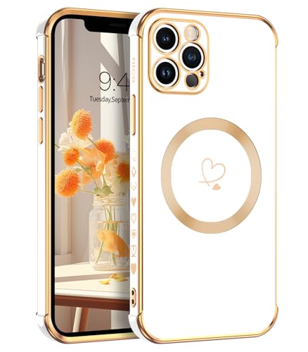 Telaso Magnetische Hülle für iPhone 12 Pro, Handyhülle für iPhone 12 Pro Niedliches Herz Muster [ Kompatibel mit MagSafe ] Weiche Plattierung Abdeckung für Frauen, Schutz der Kamera, Weiß von Telaso