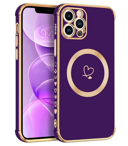 Telaso Magnetische Hülle für iPhone 12 Pro Max, Handyhülle für iPhone 12 Pro Max Niedliches Herz Muster [ Kompatibel mit MagSafe ] Weiche Plattierung Abdeckung für Frauen, Schutz der Kamera, Lila von Telaso