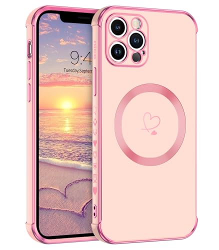Telaso Magnetische Hülle für iPhone 12 Pro Max, Handyhülle für iPhone 12 Pro Max Niedliches Herz Muster [ Kompatibel mit MagSafe ] Weiche Plattierung Abdeckung für Frauen, Schutz der Kamera, Rosa von Telaso