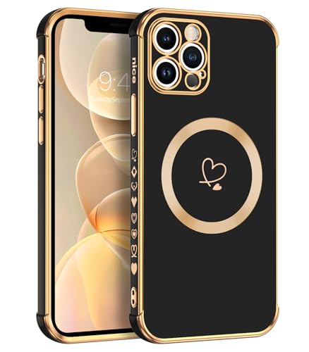 Telaso Magnetische Hülle für iPhone 12 Pro Max, Handyhülle für iPhone 12 Pro Max Niedliches Herz Muster [ Kompatibel mit MagSafe ] Weiche Plattierung Abdeckung für Frauen, Schutz der Kamera, Schwarz von Telaso