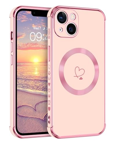 Telaso Magnetische Hülle für iPhone 13, Handyhülle für iPhone 13 Niedliches Herz Muster [ Kompatibel mit MagSafe ] Weiche Plattierung Abdeckung für Frauen, Schutz der Kamera, Rosa von Telaso