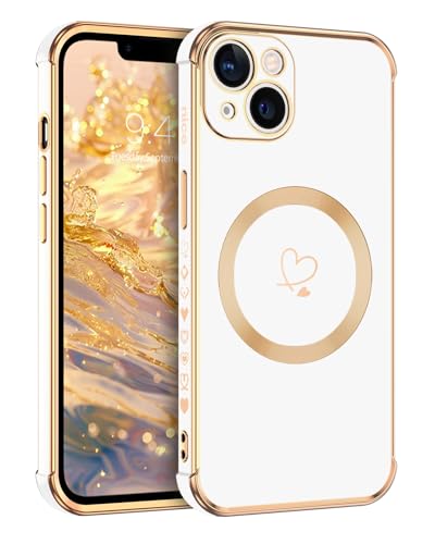Telaso Magnetische Hülle für iPhone 13, Handyhülle für iPhone 13 Niedliches Herz Muster [ Kompatibel mit MagSafe ] Weiche Plattierung Abdeckung für Frauen, Schutz der Kamera, Weiß von Telaso