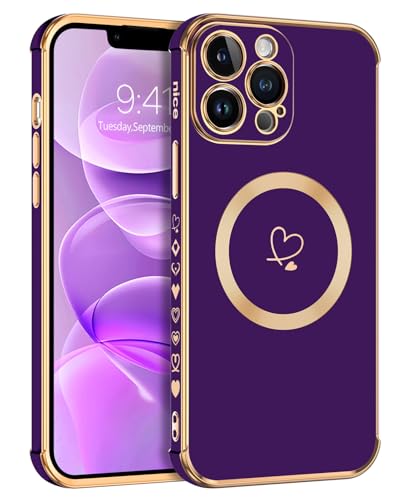 Telaso Magnetische Hülle für iPhone 13 Pro, Handyhülle für iPhone 13 Pro Niedliches Herz Muster [ Kompatibel mit MagSafe ] Weiche Plattierung Abdeckung für Frauen, Schutz der Kamera, Lila von Telaso