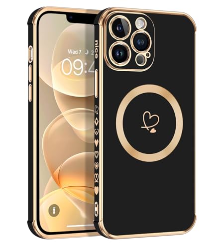 Telaso Magnetische Hülle für iPhone 13 Pro, Handyhülle für iPhone 13 Pro Niedliches Herz Muster [ Kompatibel mit MagSafe ] Weiche Plattierung Abdeckung für Frauen, Schutz der Kamera, Schwarz von Telaso