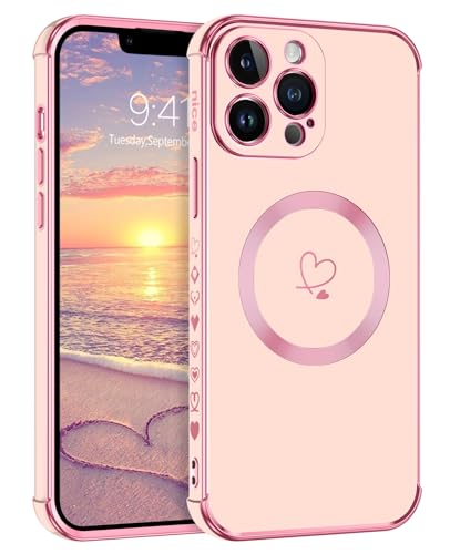 Telaso Magnetische Hülle für iPhone 13 Pro Max, Handyhülle für iPhone 13 Pro Max Niedliches Herz Muster [ Kompatibel mit MagSafe ] Weiche Plattierung Abdeckung für Frauen, Schutz der Kamera, Rosa von Telaso
