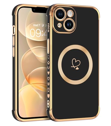 Telaso Magnetische Hülle für iPhone 14 Plus, Handyhülle für iPhone 14 Plus Niedliches Herz Muster [ Kompatibel mit MagSafe ] Weiche Plattierung Abdeckung für Frauen, Schutz der Kamera, Schwarz von Telaso