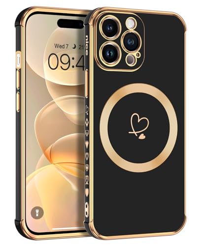 Telaso Magnetische Hülle für iPhone 14 Pro, Handyhülle für iPhone 14 Pro Niedliches Herz Muster [ Kompatibel mit MagSafe ] Weiche Plattierung Abdeckung für Frauen, Schutz der Kamera, Schwarz von Telaso
