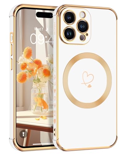 Telaso Magnetische Hülle für iPhone 14 Pro, Handyhülle für iPhone 14 Pro Niedliches Herz Muster [ Kompatibel mit MagSafe ] Weiche Plattierung Abdeckung für Frauen, Schutz der Kamera, Weiß von Telaso