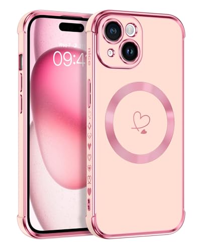 Telaso Magnetische Hülle für iPhone 15, Handyhülle für iPhone 15 Niedliches Herz Muster [ Kompatibel mit MagSafe ] Weiche Plattierung Abdeckung für Frauen, Schutz der Kamera, Rosa von Telaso