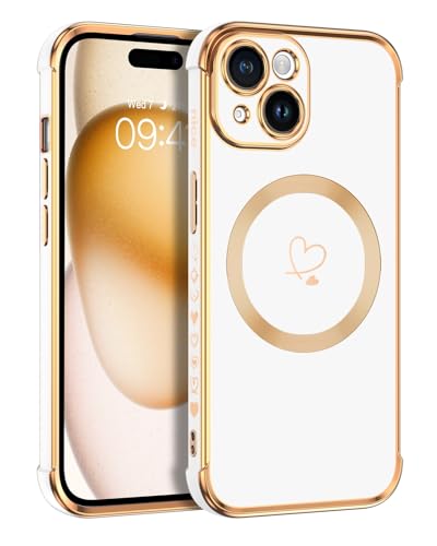 Telaso Magnetische Hülle für iPhone 15, Handyhülle für iPhone 15 Niedliches Herz Muster [ Kompatibel mit MagSafe ] Weiche Plattierung Abdeckung für Frauen, Schutz der Kamera, Weiß von Telaso