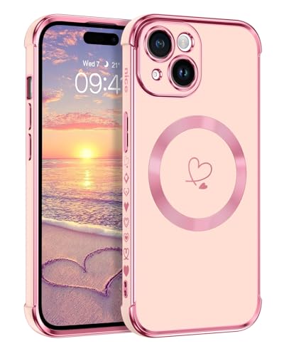 Telaso Magnetische Hülle für iPhone 15 Plus, Handyhülle für iPhone 15 Plus Niedliches Herz Muster [ Kompatibel mit MagSafe ] Weiche Plattierung Abdeckung für Frauen, Schutz der Kamera, Rosa von Telaso