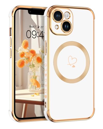 Telaso Magnetische Hülle für iPhone 15 Plus, Handyhülle für iPhone 15 Plus Niedliches Herz Muster [ Kompatibel mit MagSafe ] Weiche Plattierung Abdeckung für Frauen, Schutz der Kamera, Weiß von Telaso