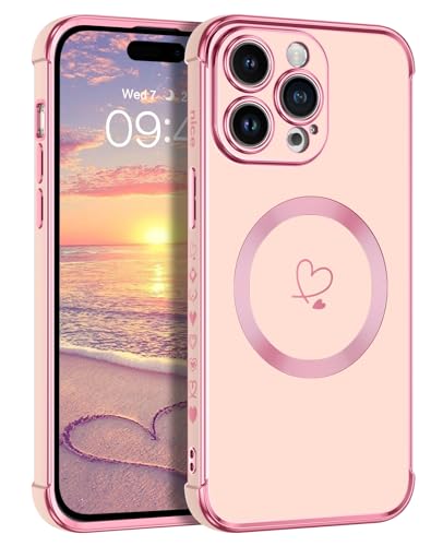 Telaso Magnetische Hülle für iPhone 15 Pro, Handyhülle für iPhone 15 Pro Niedliches Herz Muster [ Kompatibel mit MagSafe ] Weiche Plattierung Abdeckung für Frauen, Schutz der Kamera, Rosa von Telaso