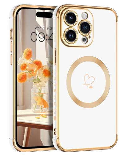 Telaso Magnetische Hülle für iPhone 15 Pro Max, Handyhülle für iPhone 15 Pro Max Niedliches Herz Muster [ Kompatibel mit MagSafe ] Weiche Plattierung Abdeckung für Frauen, Schutz der Kamera, Weiß von Telaso