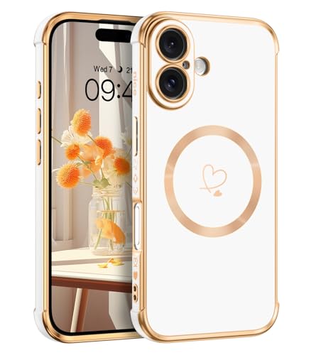 Telaso Magnetische Hülle für iPhone 16, Handyhülle für iPhone 16 Niedliches Herz Muster [ Kompatibel mit MagSafe ] Weiche Plattierung Abdeckung für Frauen, Schutz der Kamera, Weiß von Telaso