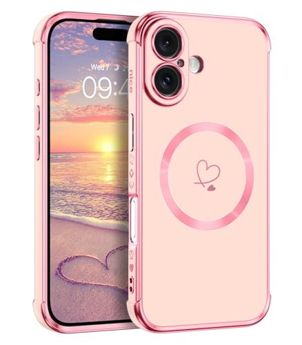 Telaso Magnetische Hülle für iPhone 16, Handyhülle für iPhone 16 Niedliches Herz Muster [ Kompatibel mit MagSafe ] Weiche Plattierung Abdeckung für Frauen, Schutz der Kamera, Rosa von Telaso