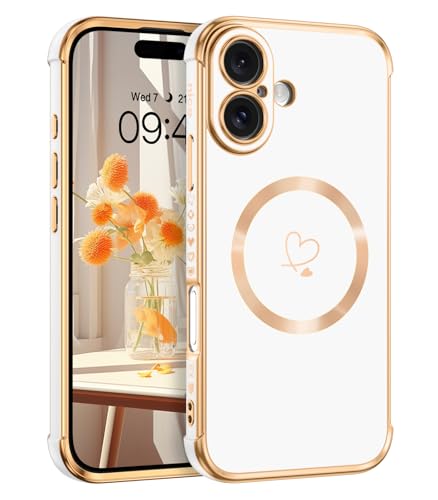 Telaso Magnetische Hülle für iPhone 16 Plus, Handyhülle für iPhone 16 Plus Niedliches Herz Muster [ Kompatibel mit MagSafe ] Weiche Plattierung Abdeckung für Frauen, Schutz der Kamera, Weiß von Telaso