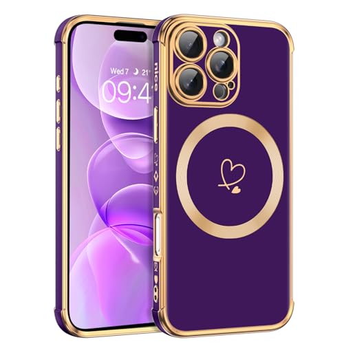 Telaso Magnetische Hülle für iPhone 16 Pro, Handyhülle für iPhone 16 Pro Niedliches Herz Muster [ Kompatibel mit MagSafe ] Weiche Plattierung Abdeckung für Frauen, Schutz der Kamera, Lila von Telaso