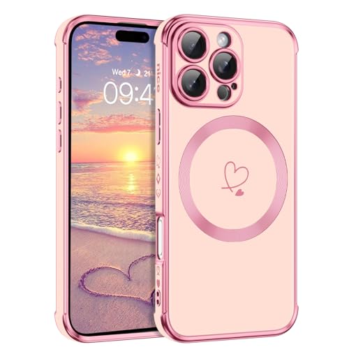 Telaso Magnetische Hülle für iPhone 16 Pro, Handyhülle für iPhone 16 Pro Niedliches Herz Muster [ Kompatibel mit MagSafe ] Weiche Plattierung Abdeckung für Frauen, Schutz der Kamera, Rosa von Telaso