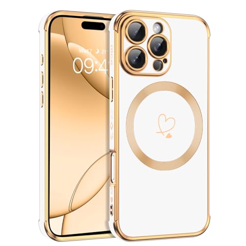 Telaso Magnetische Hülle für iPhone 16 Pro, Handyhülle für iPhone 16 Pro Niedliches Herz Muster [ Kompatibel mit MagSafe ] Weiche Plattierung Abdeckung für Frauen, Schutz der Kamera, Weiß von Telaso