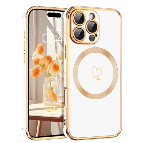 Telaso Magnetische Hülle für iPhone 16 Pro Max, Handyhülle für iPhone 16 Pro Max Niedliches Herz Muster [ Kompatibel mit MagSafe ] Weiche Plattierung Abdeckung für Frauen, Schutz der Kamera, Weiß von Telaso