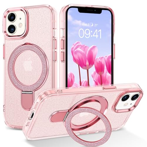 Telaso Magnetische Ständer Hülle für iPhone 11, Handyhülle für iPhone 11 Klar Glitzer [ Kompatibel mit Mag Safe ] Stoßfest und Schützend Cover for Frauen Mädchen Transparent Rosa von Telaso
