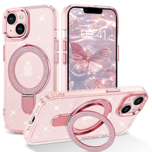 Telaso Magnetische Ständer Hülle für iPhone 13/14, Handyhülle für iPhone 13/14 Klar Glitzer [ Kompatibel mit Mag Safe ] Stoßfest und Schützend Cover for Frauen Mädchen Transparent Rosa von Telaso