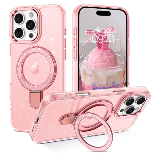 Telaso Magnetische Ständer Hülle für iPhone 16 Pro Max, Handyhülle für iPhone 16 Pro Max Klar Glitzer [ Kompatibel mit Mag Safe ] Stoßfest und Schützend Cover for Frauen Mädchen Transparent Rosa von Telaso