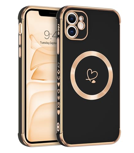 Telaso Magnetische Hülle für iPhone 11, Handyhülle für iPhone 11 Niedliches Herz Muster [ Kompatibel mit MagSafe ] Weiche Plattierung Abdeckung für Frauen, Schutz der Kamera, Schwarz von Telaso