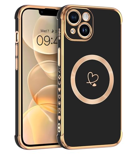 Telaso Magnetische Hülle für iPhone 13, Handyhülle für iPhone 13 Niedliches Herz Muster [ Kompatibel mit MagSafe ] Weiche Plattierung Abdeckung für Frauen, Schutz der Kamera, Schwarz von Telaso