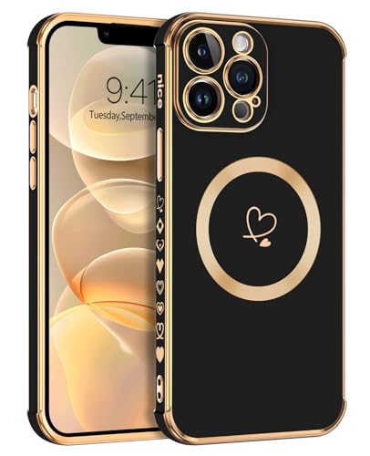 Telaso Magnetische Hülle für iPhone 13 Pro Max, Handyhülle für iPhone 13 Pro Max Niedliches Herz Muster [ Kompatibel mit MagSafe ] Weiche Plattierung Abdeckung für Frauen, Schutz der Kamera, Schwarz von Telaso