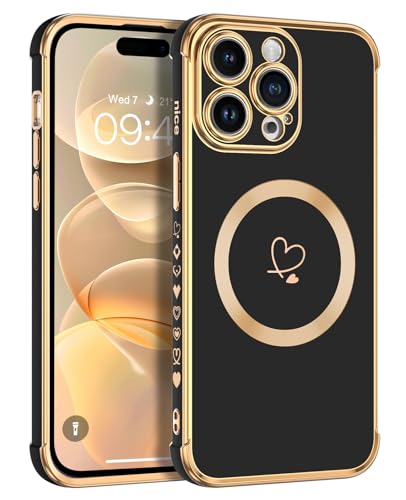 Telaso Magnetische Hülle für iPhone 15 Pro Max, Handyhülle für iPhone 15 Pro Max Niedliches Herz Muster [ Kompatibel mit MagSafe ] Weiche Plattierung Abdeckung für Frauen, Schutz der Kamera, Schwarz von Telaso