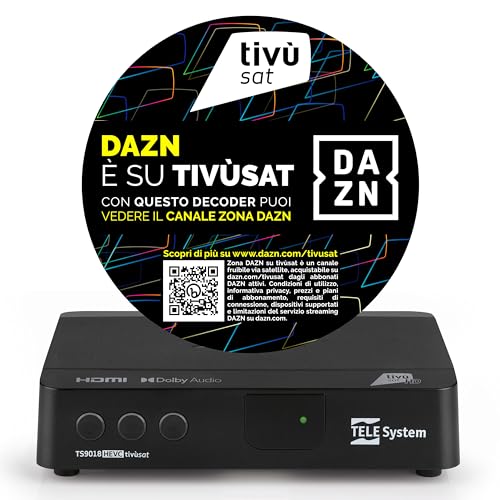 Tele System Satellitendecoder TS9018HEVC Tivùsat HD Classic: Zugang zu über 70 kostenlosen HD-Kanälen, Serie A auf DAZN Zone, automatische Kanalaktualisierung - Smartcard inbegriffen von TELE System