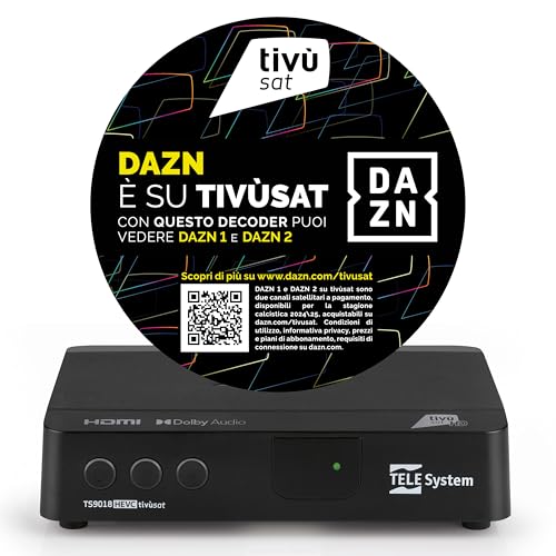 Tele System Satellitendecoder TS9018HEVC Tivùsat HD Classic: Zugang zu über 70 kostenlosen HD-Kanälen, Serie A auf DAZN Zone, automatische Kanalaktualisierung - Smartcard inbegriffen von Tele System