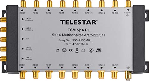 Telestar TSM 5/16 Premium Line Multischalter zur Versorgung von bis zu 16 Teilnehmern (4 SAT+ 1 DVB-T2 Eingang/16 Ausgänge, inkl. Netzteil 100-230V) von Telestar