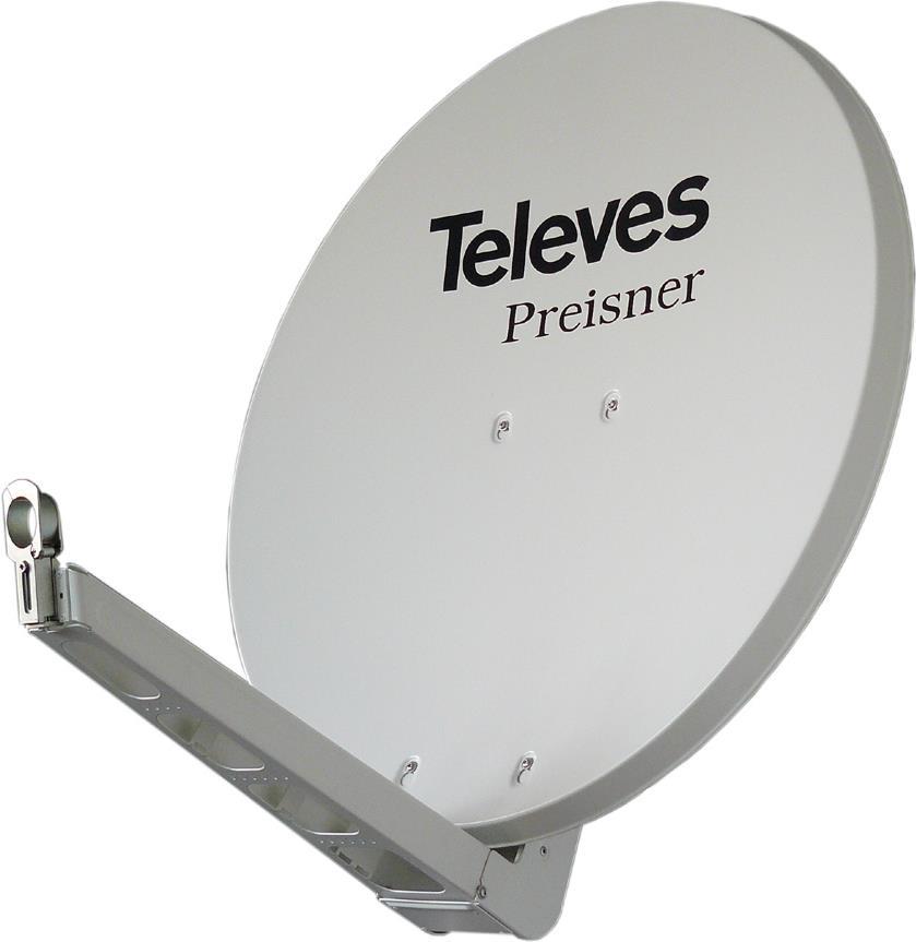 Televes S75QSD-W. Input frequenz-range: 10,7 - 12,75 GHz, Verstärkung dBi (bei Antennenkabel): 38,5 dBi. Durchmesser: 75 cm, Breite: 750 mm, Tiefe: 1,5 mm. Produktfarbe: Weiß. Material: Aluminium (S75QSD-W) von Televes