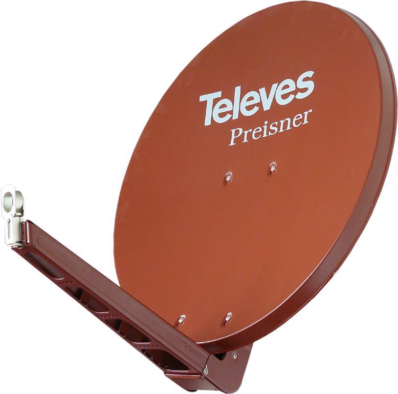 Televes S75QSD-Z. Input frequenz-range: 10,7 - 12,75 GHz, Verstärkung dBi (bei Antennenkabel): 38,5 dBi. Durchmesser: 75 cm, Breite: 750 mm, Tiefe: 1,5 mm. Produktfarbe: Rot. Material: Aluminium (S75QSD-Z) von Televes