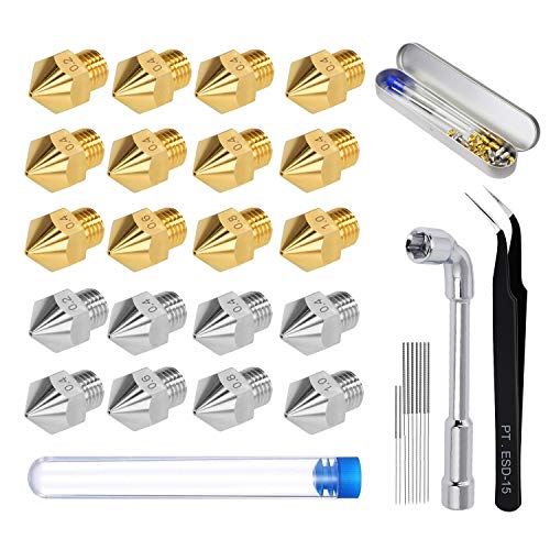 Telgoner 20 Stk 3D Drucker Düse Set, 12x Messingdüsen+8x Edelstahldüsen MK8 Nozzle für 0,2mm 0,4mm 0,6mm 0,8mm 1,0mm Extruder Düsen mit Düsenreiniger tool für Anycubic Mega/Creality CR-10/Ender von Telgoner