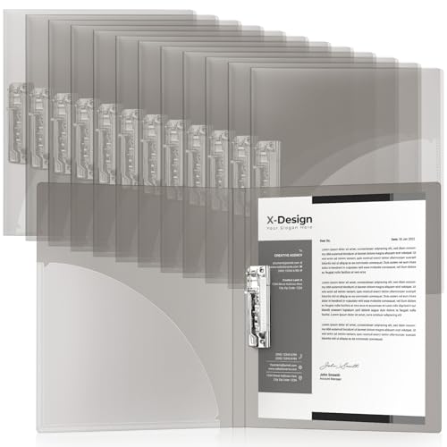 Teling Stanzfreie Klemmmappe, 21,6 x 27,9 cm, Ringloser Ordner mit Tasche, flexibler Metallclip und Poly-Cover, 100 Seiten in Briefgröße, für Arbeit, Schule, 12 Stück (transparentes Grau) von Teling