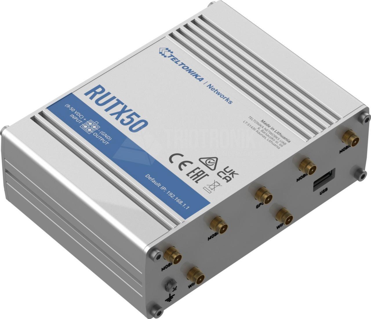Teltonika RUTX50 - Wireless Router - WWAN - 4-Port-Switch - GigE, Wi-Fi 5, DNP3 - 802,11a/b/g/n/ac Wave 2 - 2,4 GHz - 3G, 4G, 5G - an DIN-Schiene montierbar, oberflächenmontierbar (RUTX50) von Teltonika